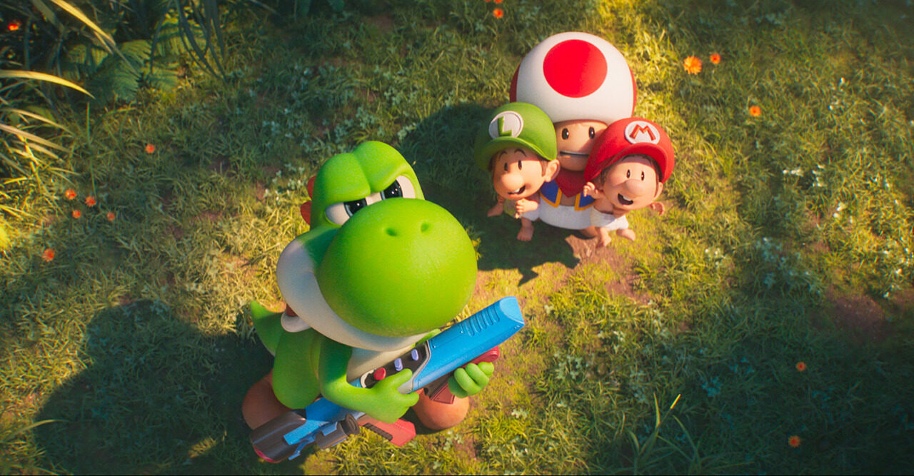 pôster oficial de Super Mario Galaxy: O Filme com Mario, Peach, Luigi, Rosalina e Bowser Jr.
