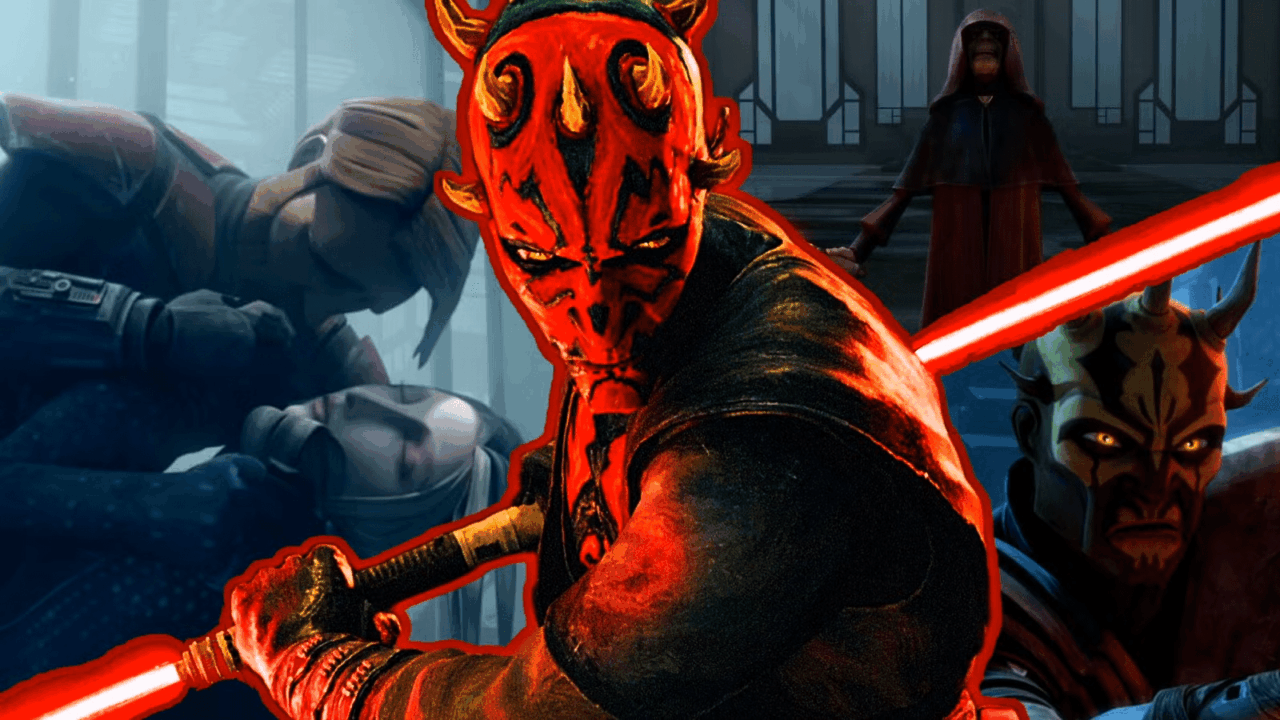 Darth Maul em pose de combate com o sabre de luz de lâmina dupla, visual oficial de Star Wars
