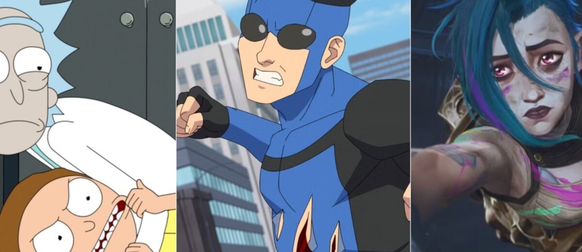 Colagem com Invencível, Futurama, Arcane, Star Wars: A Guerra dos Clones e Rick and Morty em composição de lista de ranking