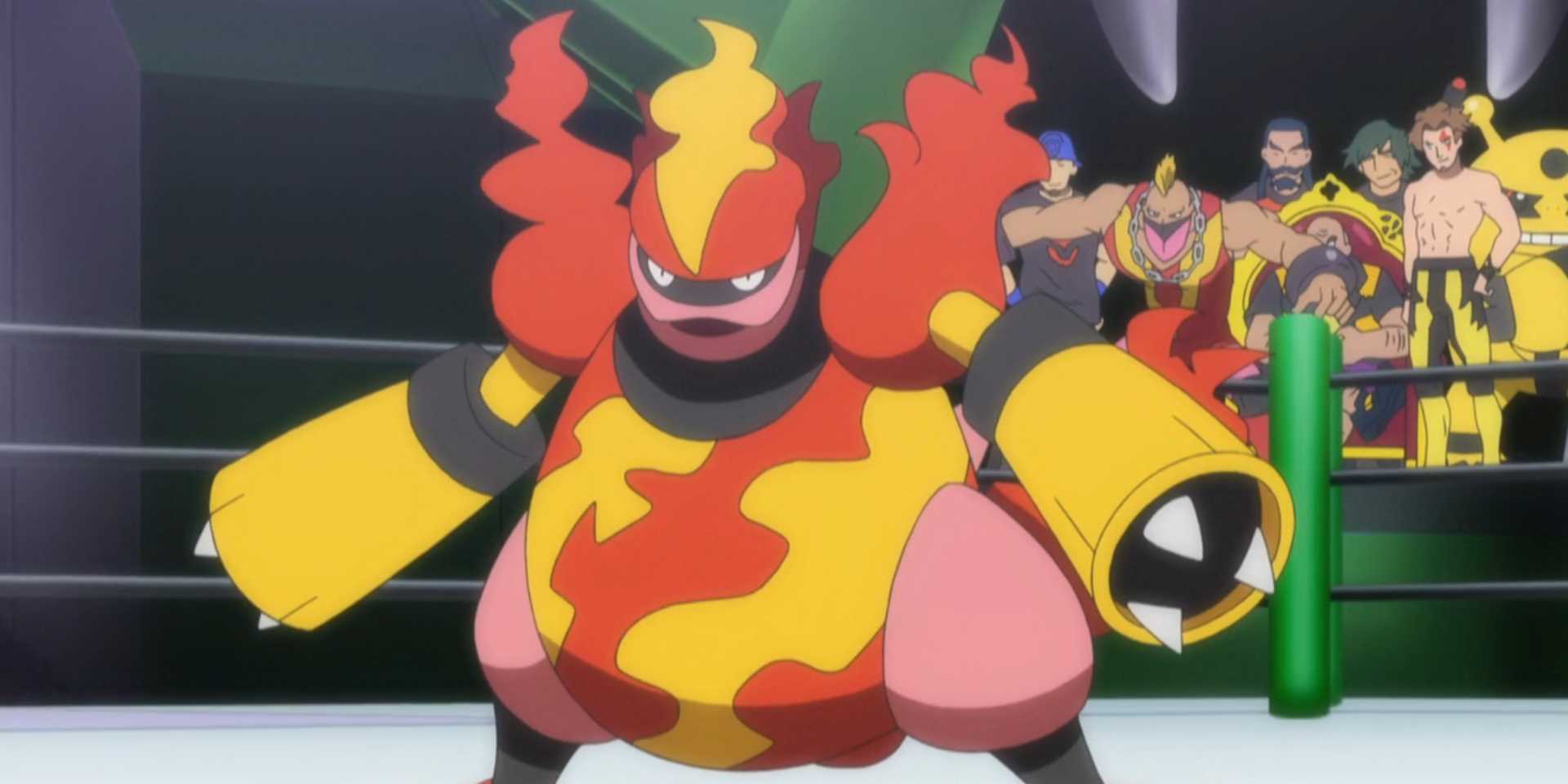15 Pokémon do tipo Fire mais fortes: Charizard lidera Magmortar stands ready to fight in a Pokemon battle arena in a Pokemon anime.