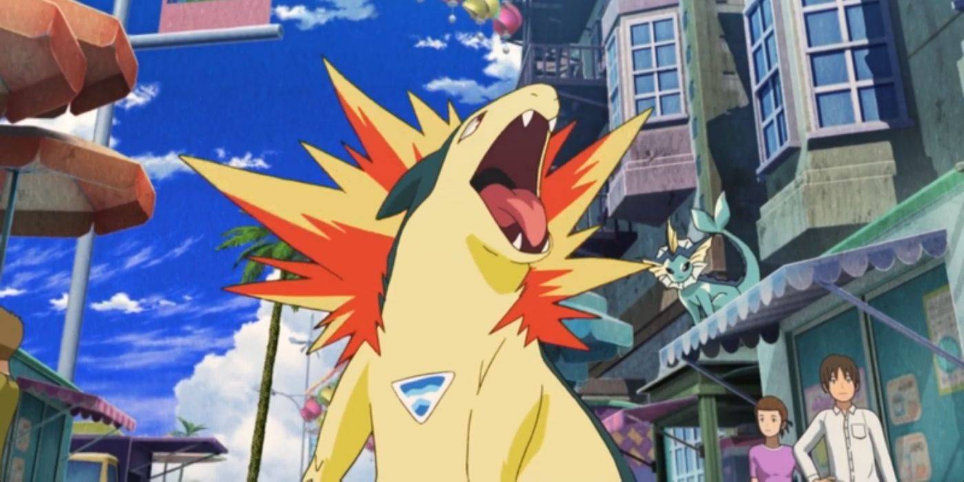 15 Pokémon do tipo Fire mais fortes: Charizard lidera A Typhlosion roars in a crowded village in the Pokémon anime.