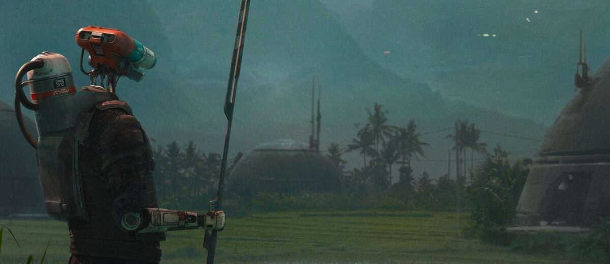 pôster oficial de The Creator com John David Washington em destaque e cenário futurista ao fundo