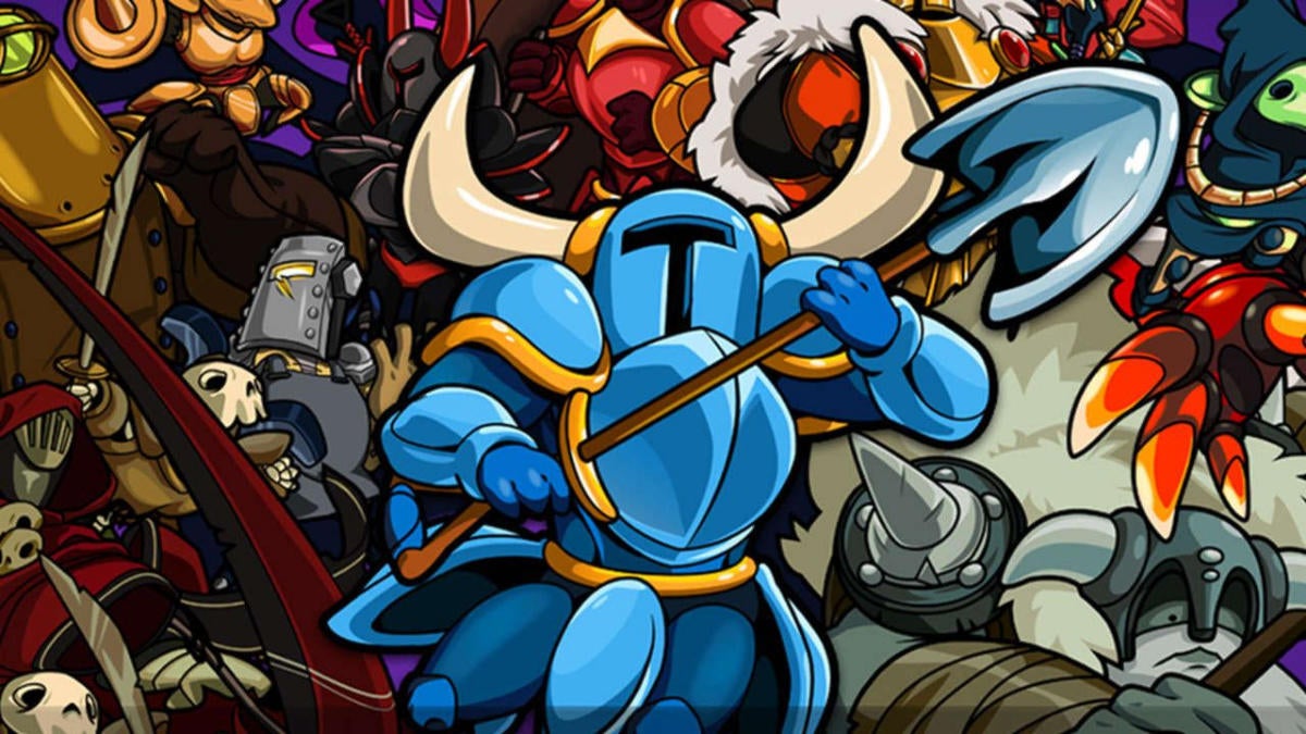 Shovel Knight em pose de combate com sua pá-arma, fundo 2D pixel art do castelo