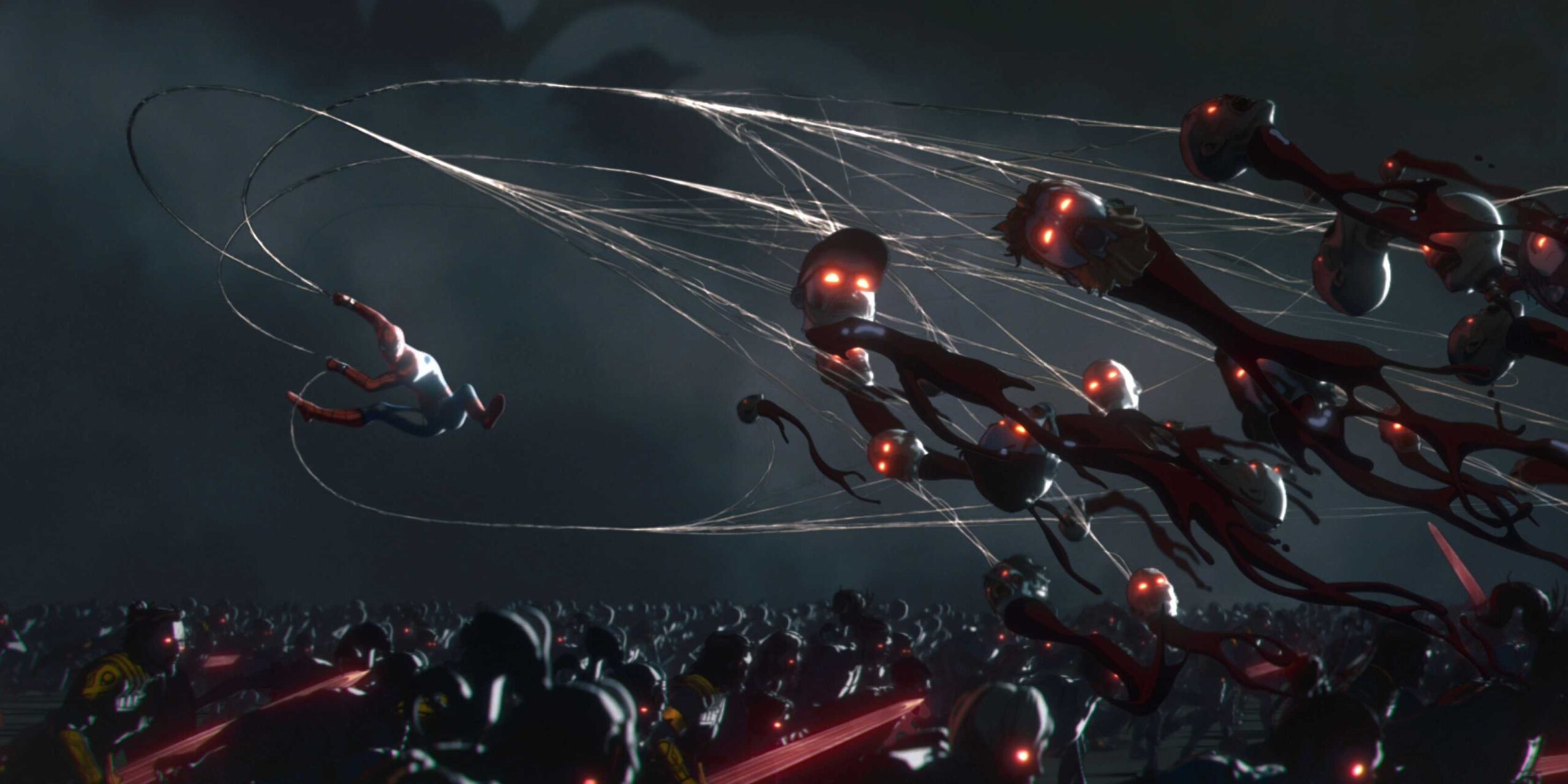 Spider-Man decapitating zombies with his webs in Marvel Zombies