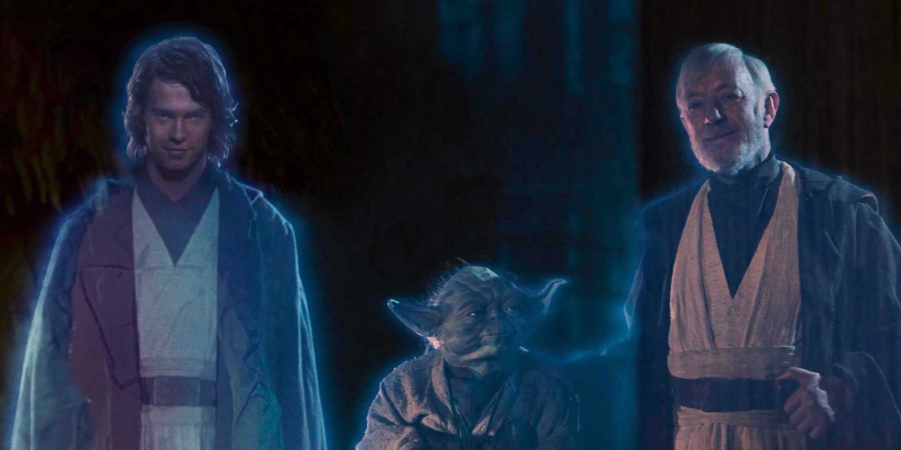 Alec Guinness e Obi-Wan: O ator que odiava Star Wars The Force Ghosts of Anakin Skywalker (Hayden Christiansen), Yoda (Frank Oz), and Obi-Wan Kenobi (Alec Guinness) stand together looking proud in Star Wars: Episode VI - Return of the Jedi.