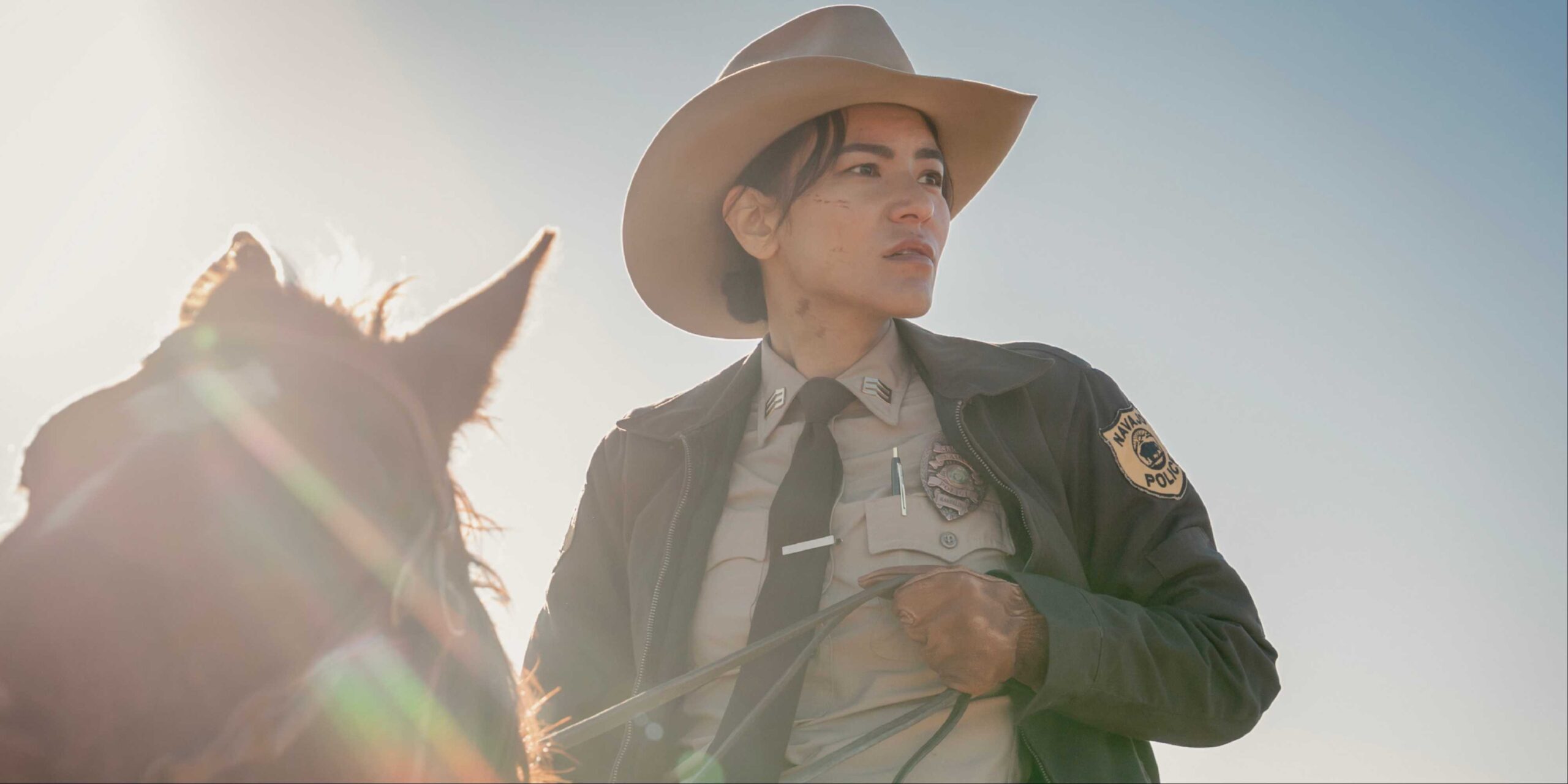 Bernadette Manuelito (Jessica Matten) on horseback in Netflix's Dark Winds