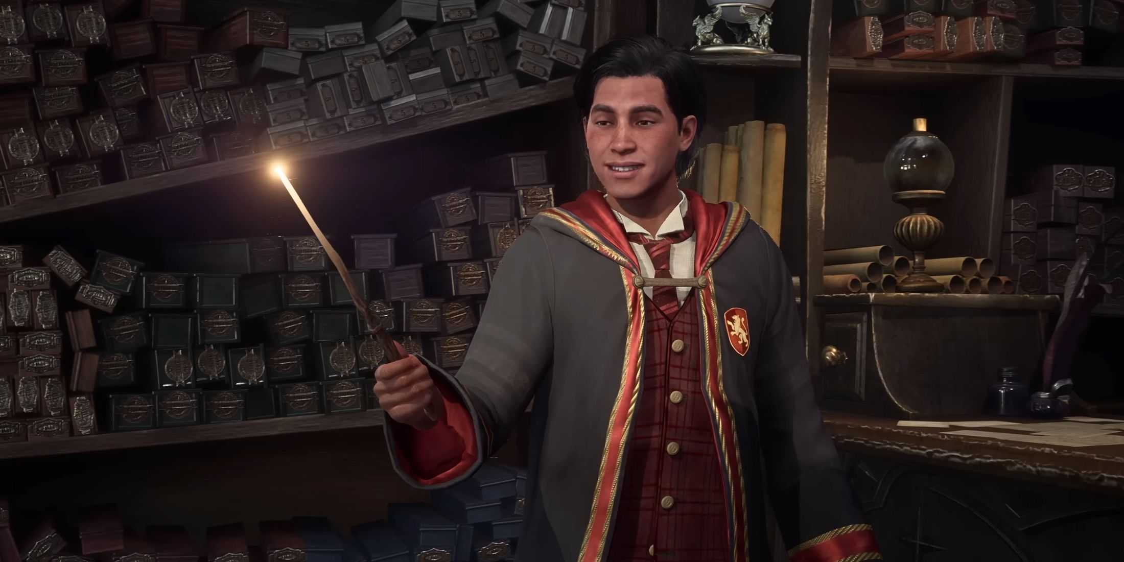 Hogwarts Legacy 2: Pressão da série da HBO preocupa fãs Boy in Gryffindor robes holding a wand in Ollivanders in Hogwarts Legacy