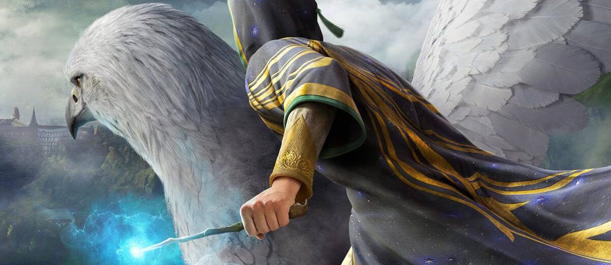 arte conceitual de Hogwarts Legacy 2 com contraste entre o mundo trouxa e Hogwarts ao fundo