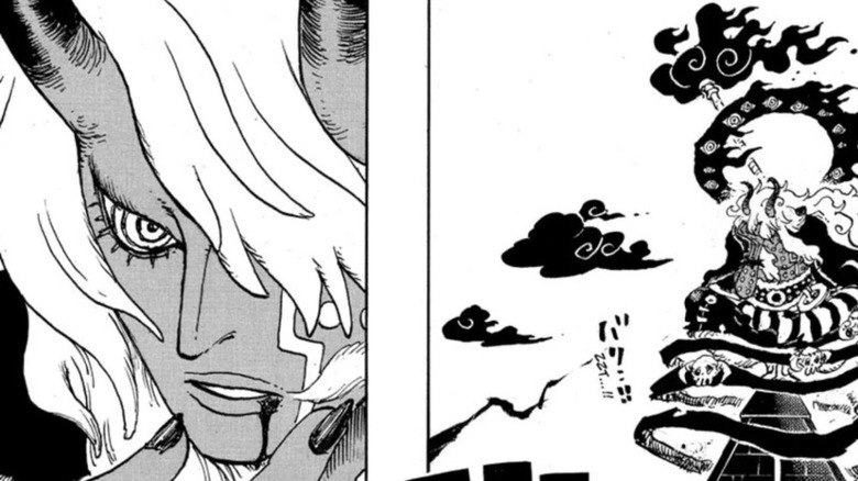 A close up of Imu Nerona finally revealing his face as he arrives on Elbaph in One Piece