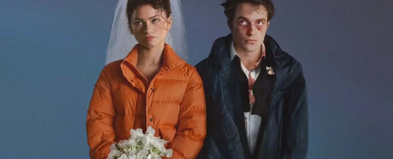 pôster oficial de O Drama com Zendaya e Robert Pattinson em clima de romance dramático