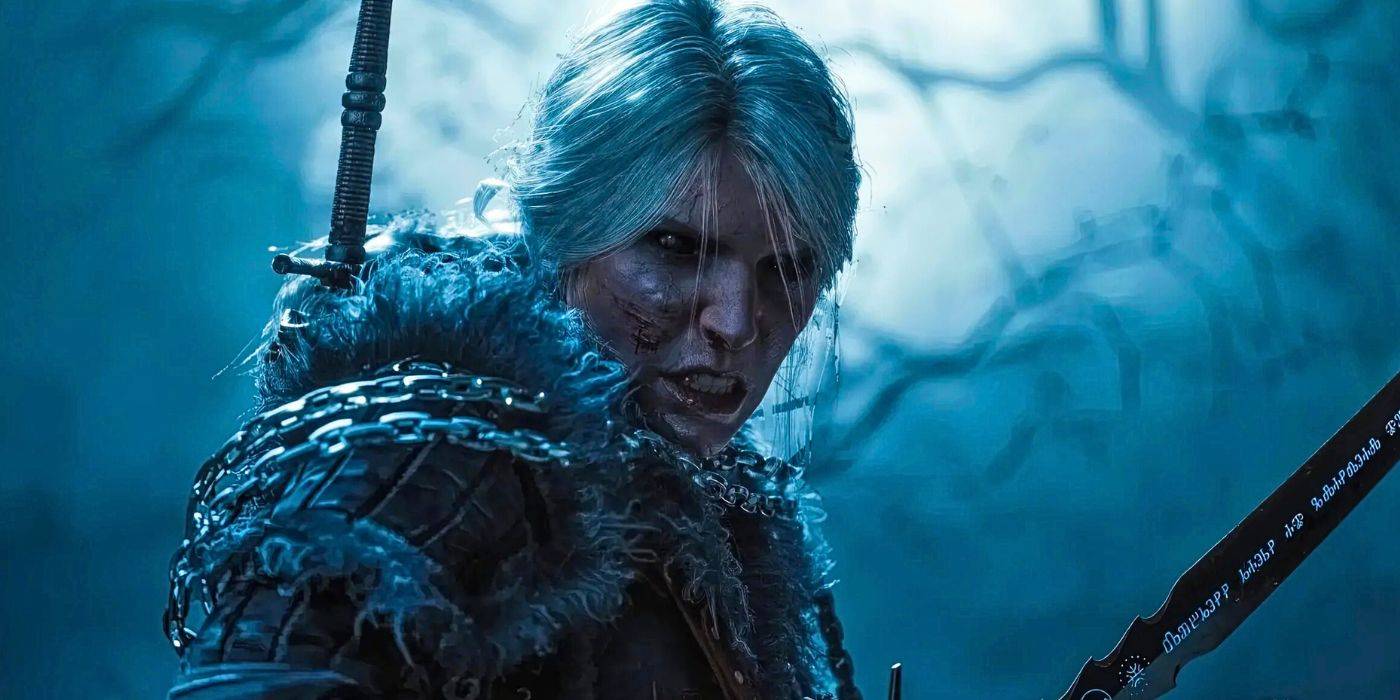 Ciri snarling at an enemy with a sword in hand in <a href=