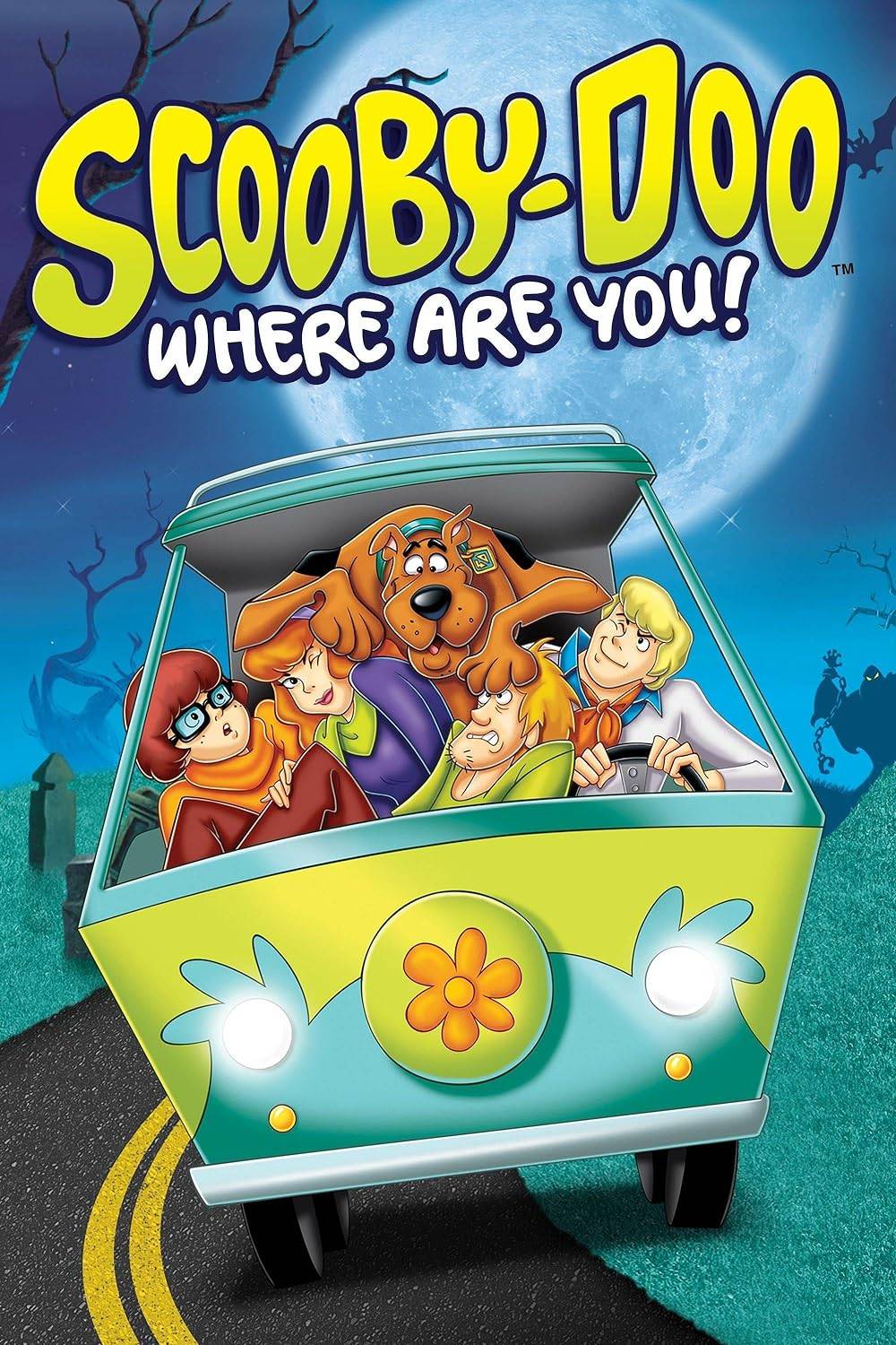 The Scooby-Doo Where Are You! poster depicts Fred, Shaggy, Scooby-Doo, Velma and Daphne crowded into the front of the Mystery Machine.