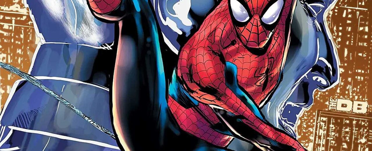 Spider-Man Brand New Day #1 cover, Spidey webslinging with foes in the background