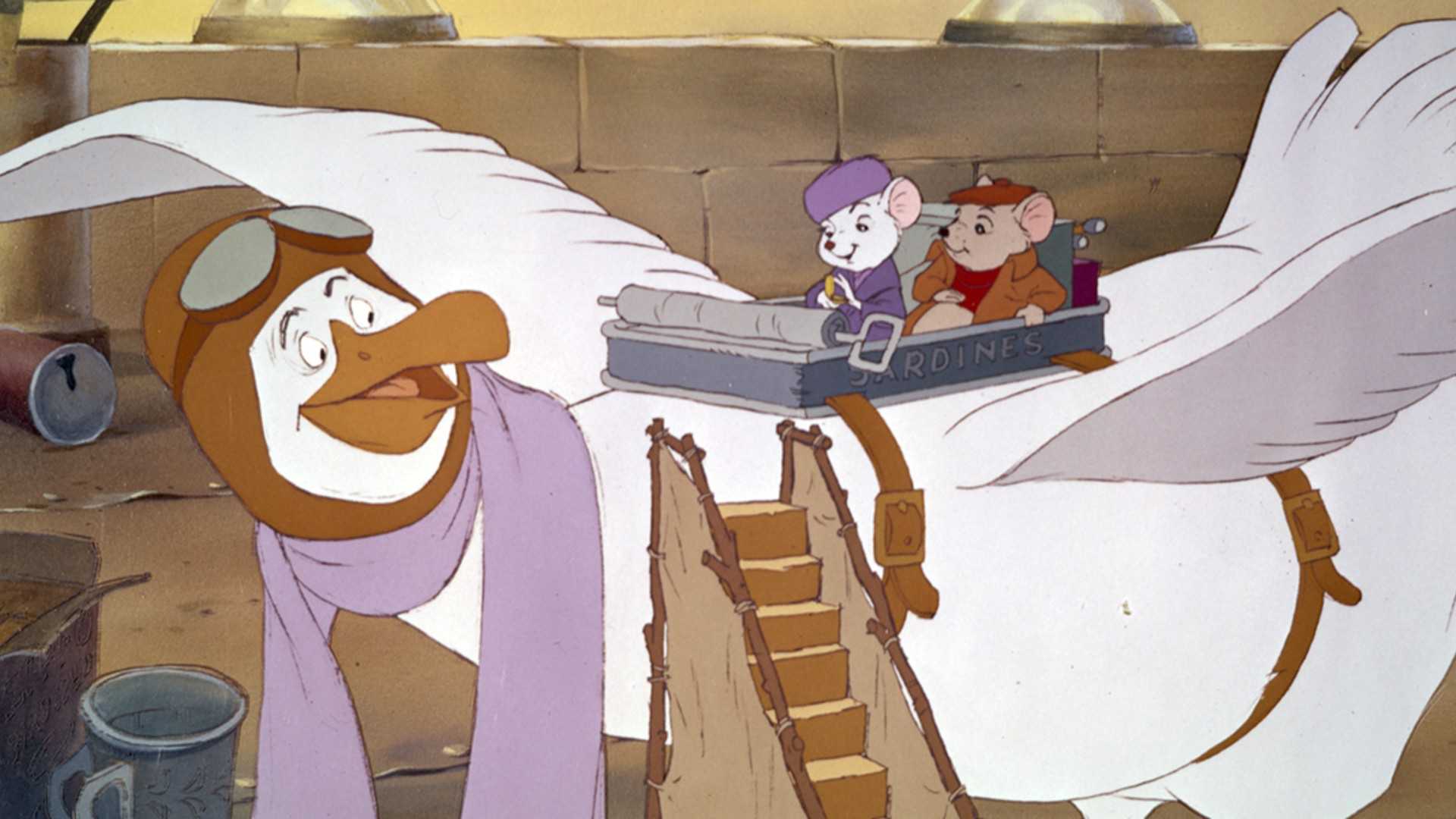 The Rescuers ride on a bird