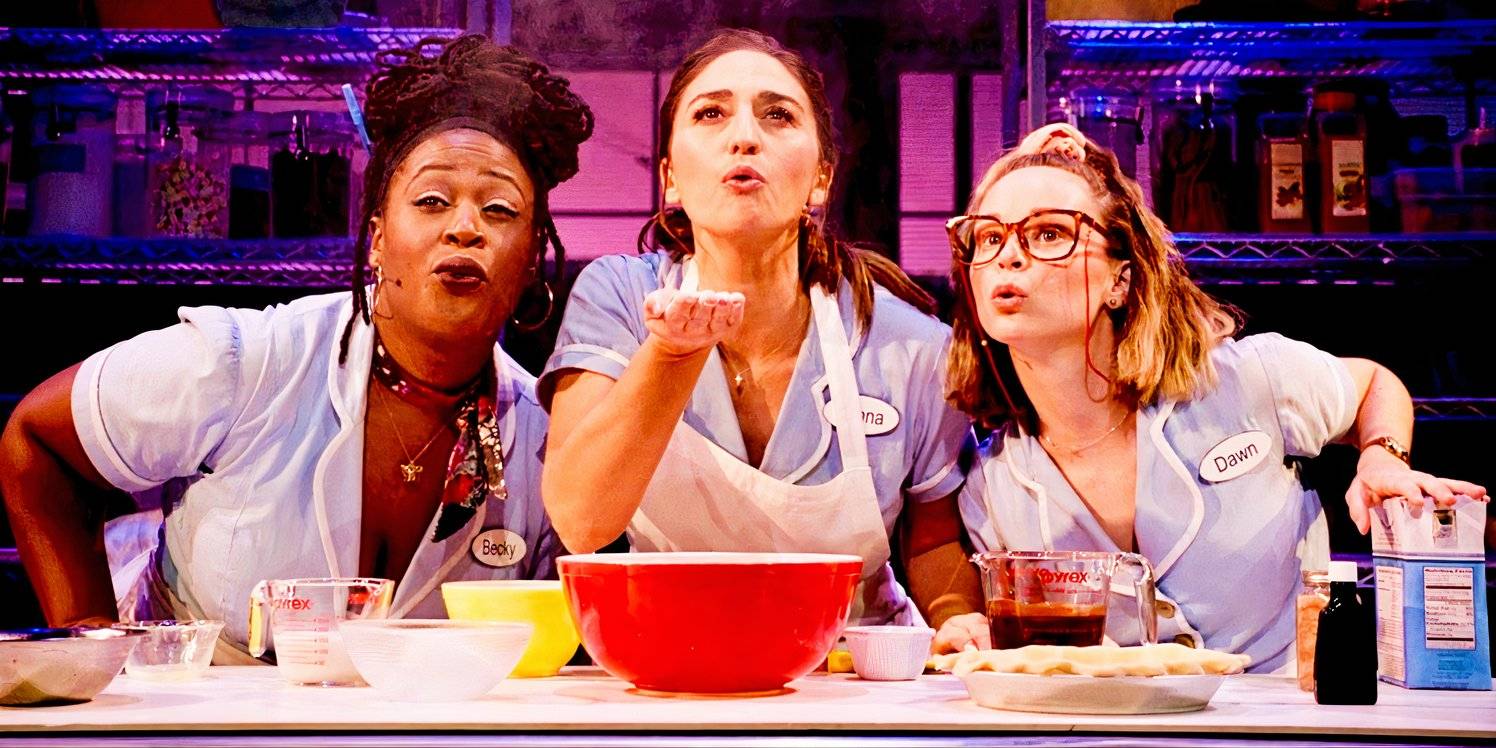 Sara Bareilles, Charity Angél Dawson, and Caitlin Houlahan blowing sugar in Waitress: The Musical