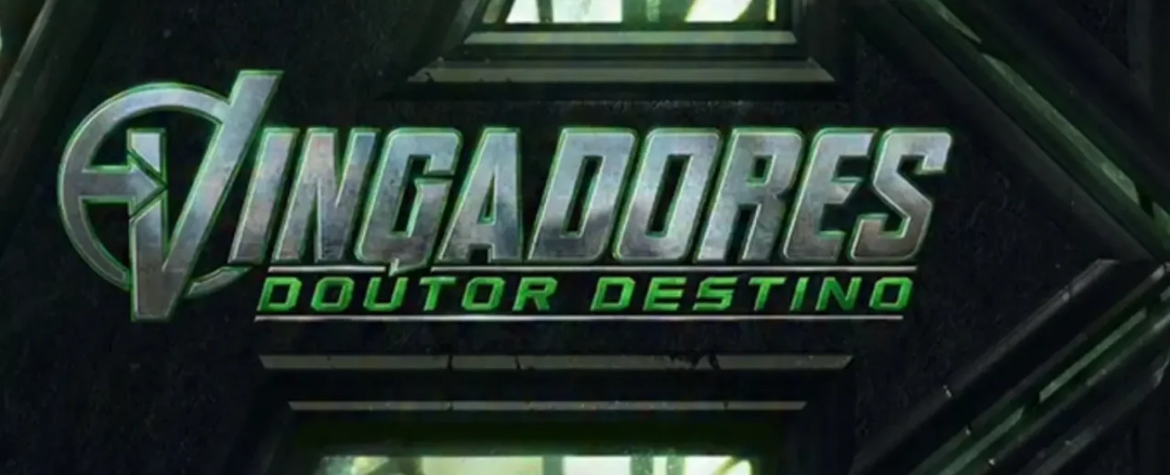 Arte promocional de Vingadores: Doutor Destino com símbolos de Doutor Estranho e Homem-Aranha em destaque