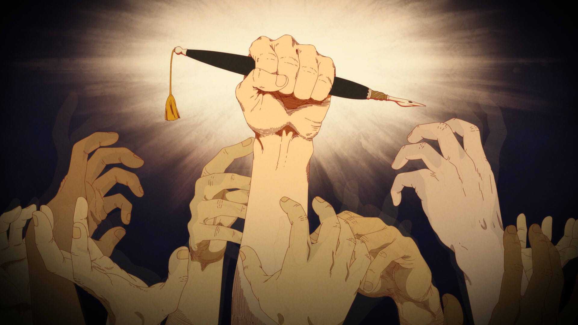 Hands reach for the pen-wand in Witch Hat Atelier Episode 2.