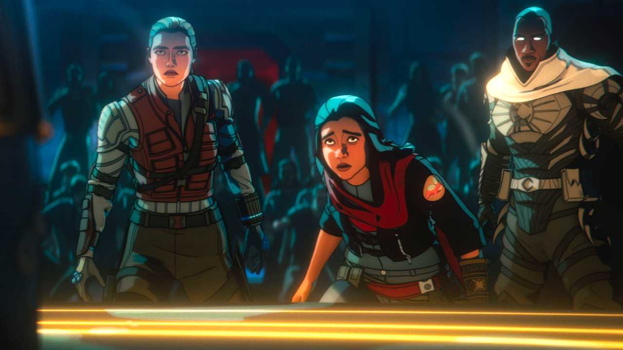 Yelena, Ms. Marvel and Blade Knight looking worried at something in Marvel Zombies YT